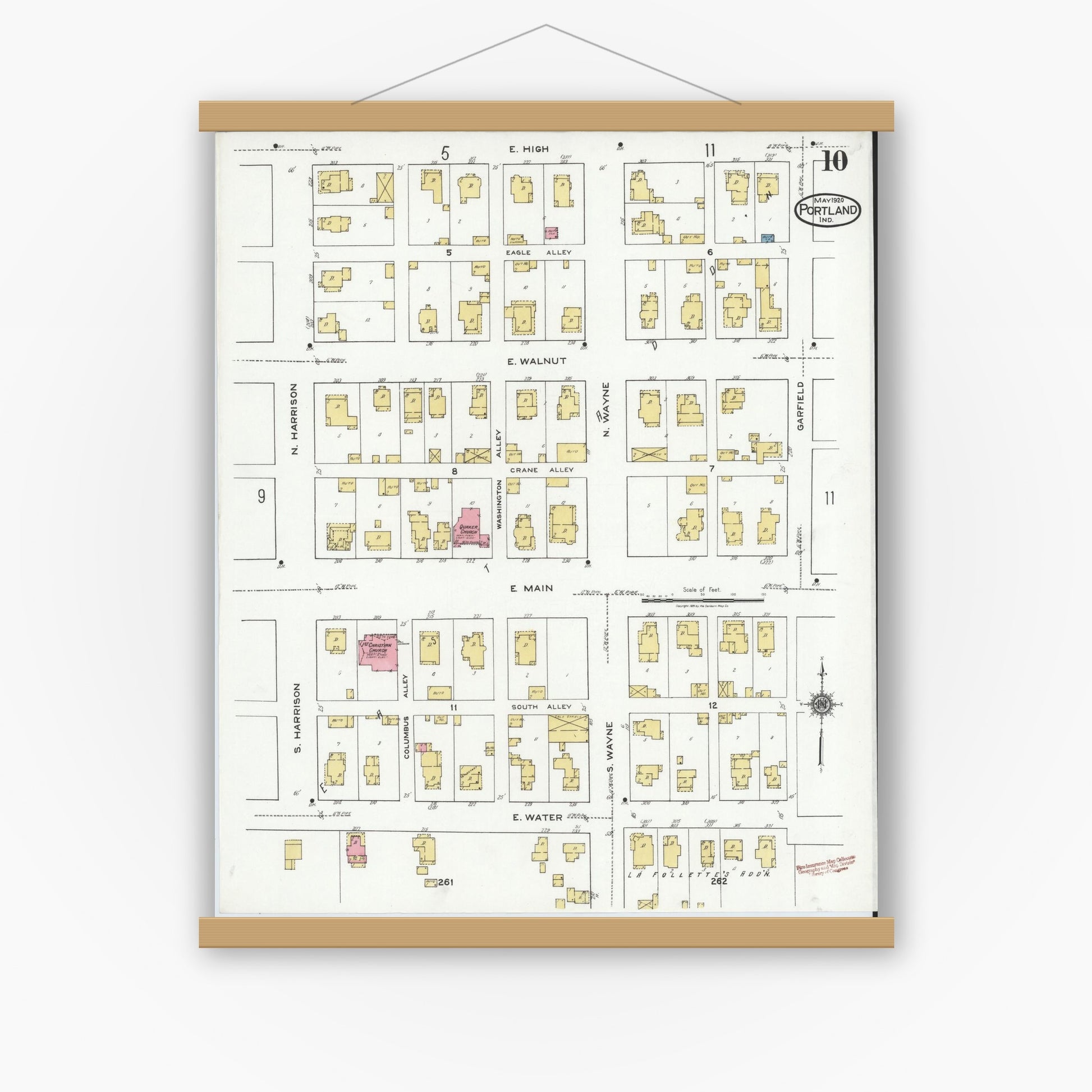 Old map wall art mockup — magnetic wood frame on white wall — Sanborn Fire Insurance Map from Portland, Jay County, Indiana (1920), Sheet #0010
