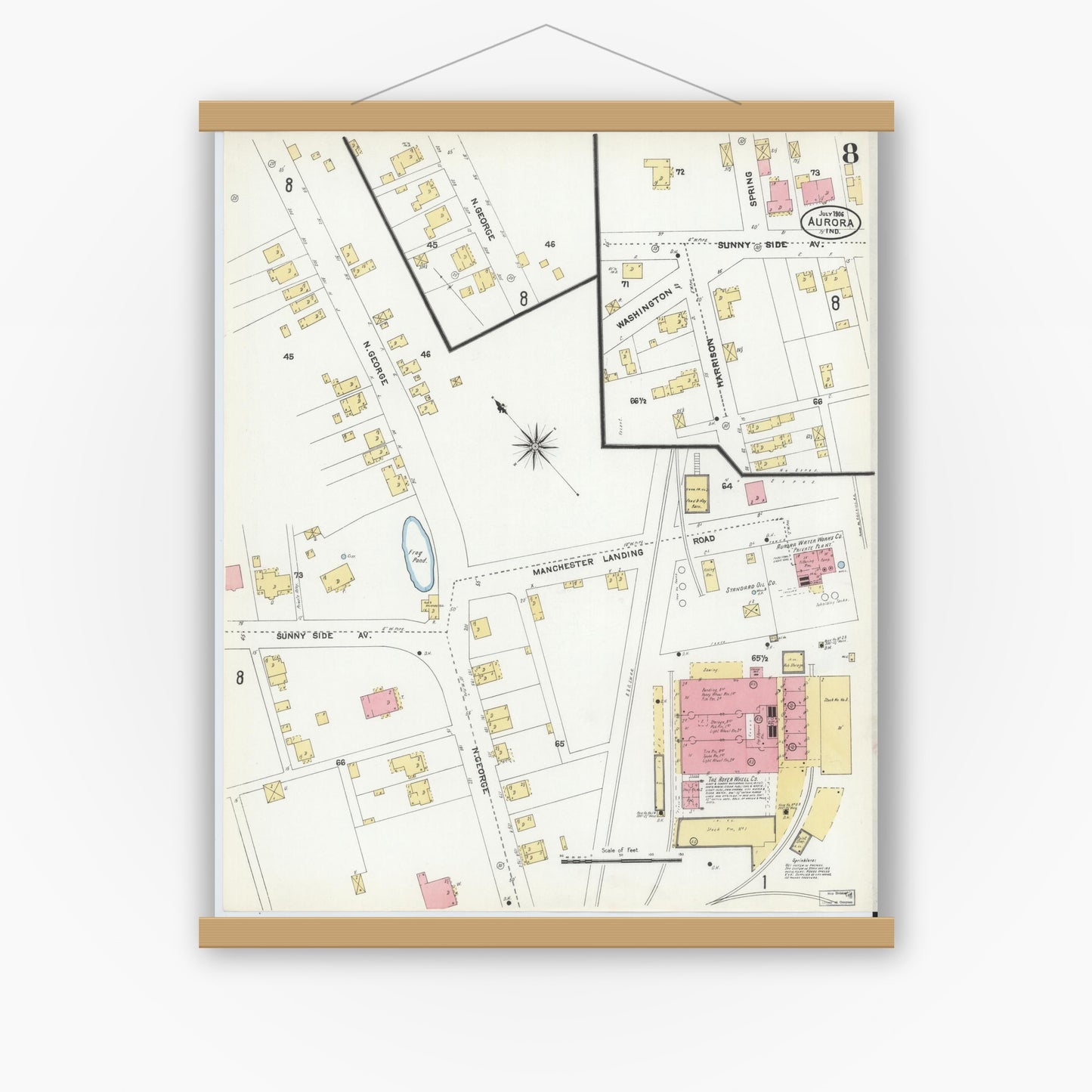 Old map wall art mockup — magnetic wood frame on white wall — Sanborn Fire Insurance Map from Aurora, Dearborn County, Indiana (1906), Sheet #0008