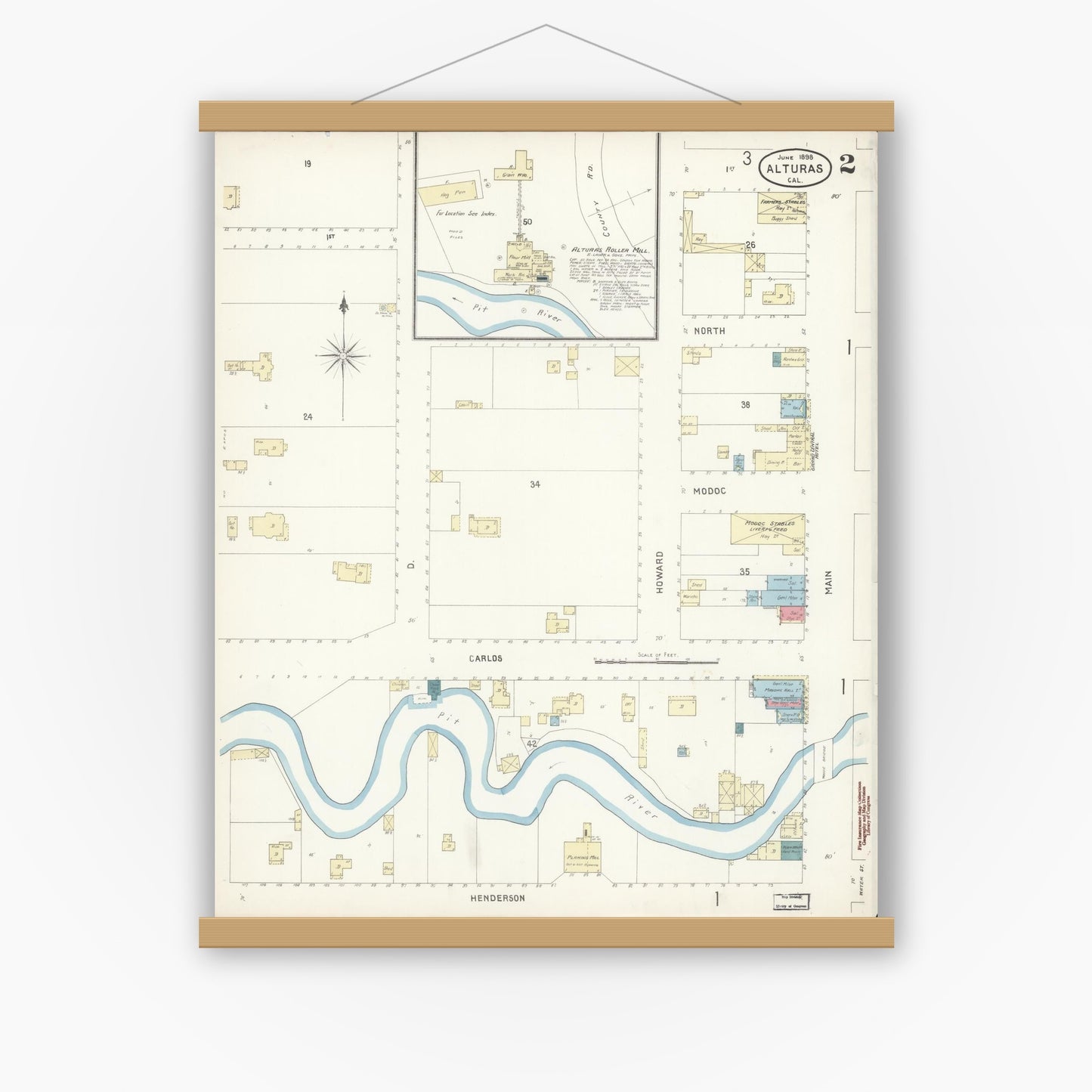 Old map wall art mockup — magnetic wood frame on white wall — Sanborn Fire Insurance Map from Alturas, Modoc County, California (1898), Sheet #0002