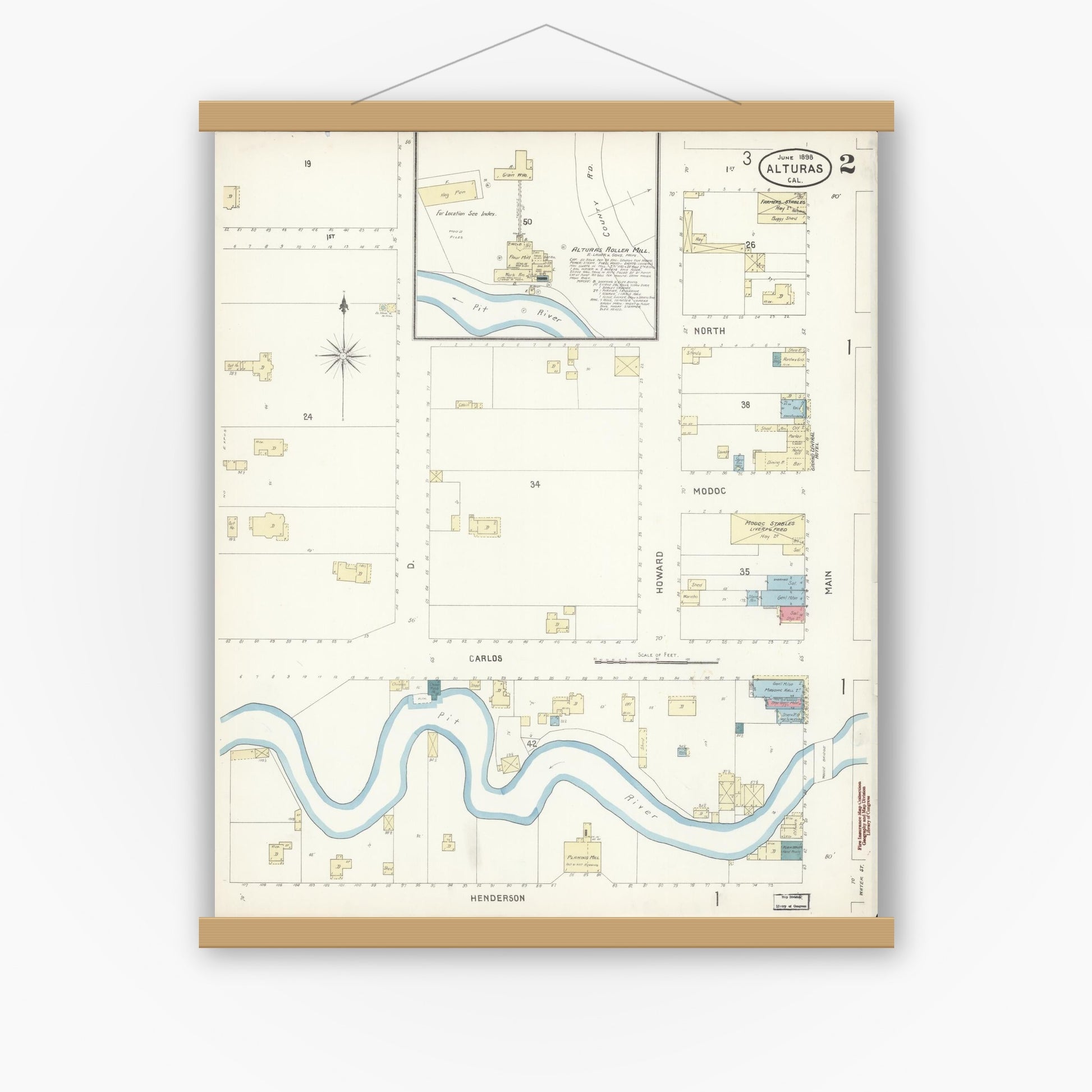 Old map wall art mockup — magnetic wood frame on white wall — Sanborn Fire Insurance Map from Alturas, Modoc County, California (1898), Sheet #0002