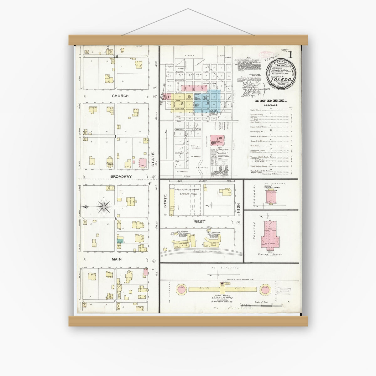 Old map wall art mockup — magnetic wood frame on white wall — Sanborn Fire Insurance Map from Toledo, Tama County, Iowa (1892) â€” Complete Set
