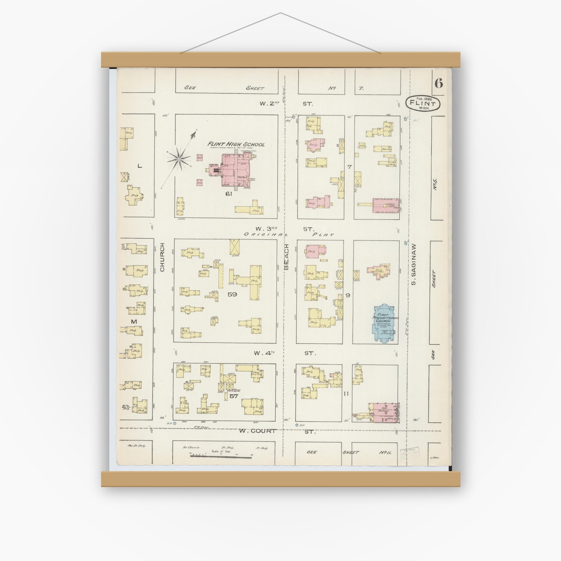 Old map wall art mockup — magnetic wood frame on white wall — Sanborn Fire Insurance Map from Flint, Genesee County, Michigan (1886), Sheet #0006