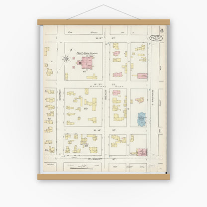 Old map wall art mockup — magnetic wood frame on white wall — Sanborn Fire Insurance Map from Flint, Genesee County, Michigan (1886), Sheet #0006