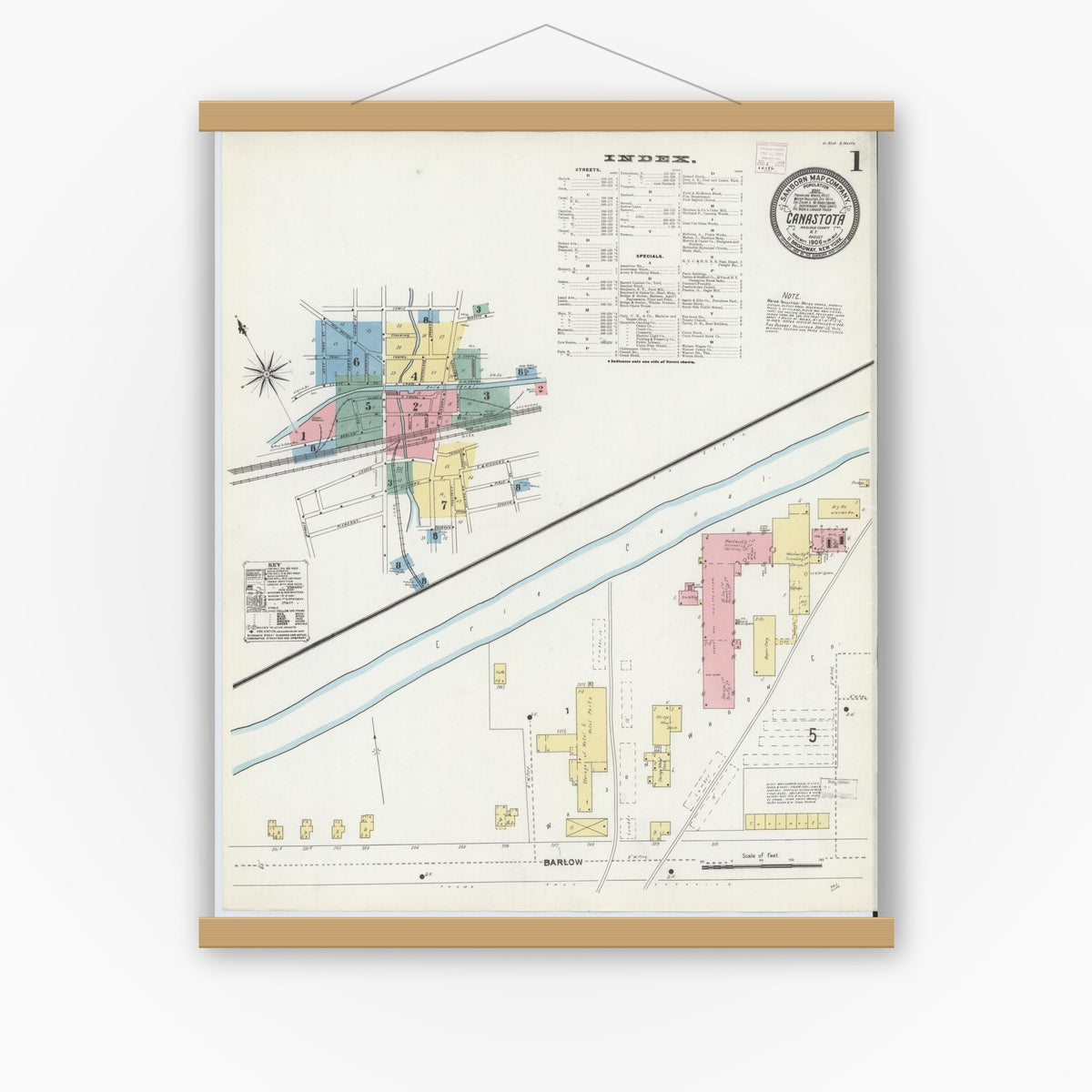 Old map wall art mockup — magnetic wood frame on white wall — Sanborn Fire Insurance Map from Canastota, Madison County, New York (1906), Sheet #0001