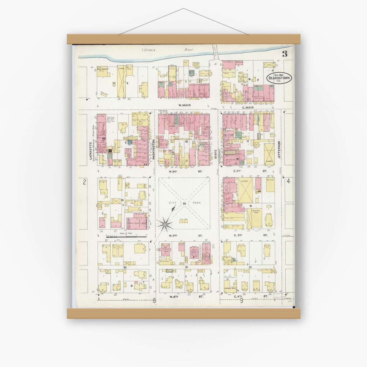 Old map wall art mockup — magnetic wood frame on white wall — Sanborn Fire Insurance Map from Beardstown, Cass County, Illinois (1906), Sheet #0003