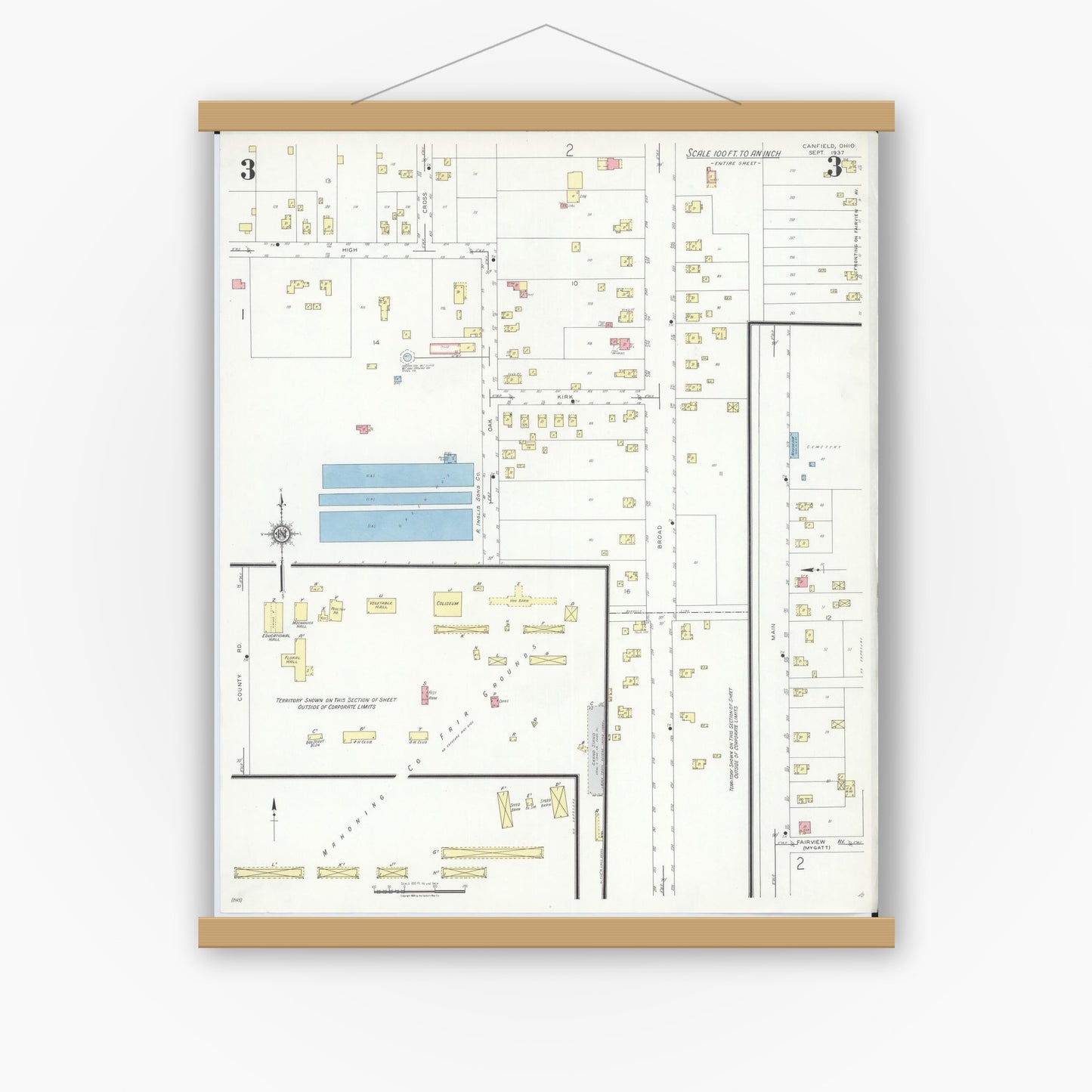 Old map wall art mockup — magnetic wood frame on white wall — Sanborn Fire Insurance Map from Canfield, Mahoning County, Ohio (1937), Sheet #0003
