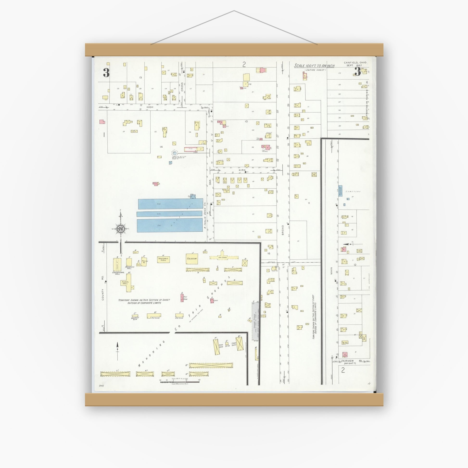 Old map wall art mockup — magnetic wood frame on white wall — Sanborn Fire Insurance Map from Canfield, Mahoning County, Ohio (1937), Sheet #0003