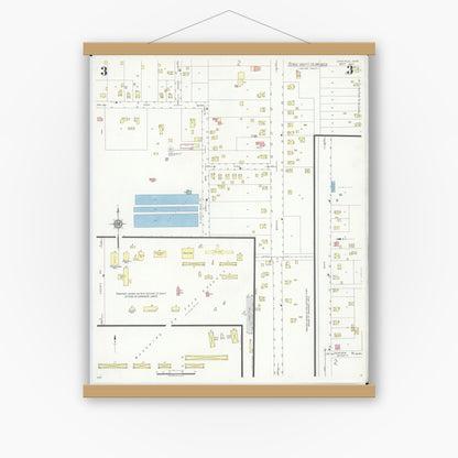 Old map wall art mockup — magnetic wood frame on white wall — Sanborn Fire Insurance Map from Canfield, Mahoning County, Ohio (1937), Sheet #0003