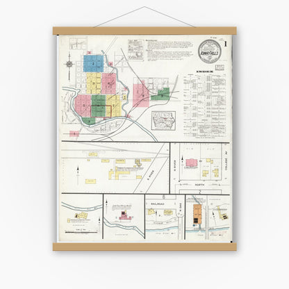 Old map wall art mockup — magnetic wood frame on white wall — Sanborn Fire Insurance Map from Iowa Falls, Hardin County, Iowa (1917) â€” Complete Set