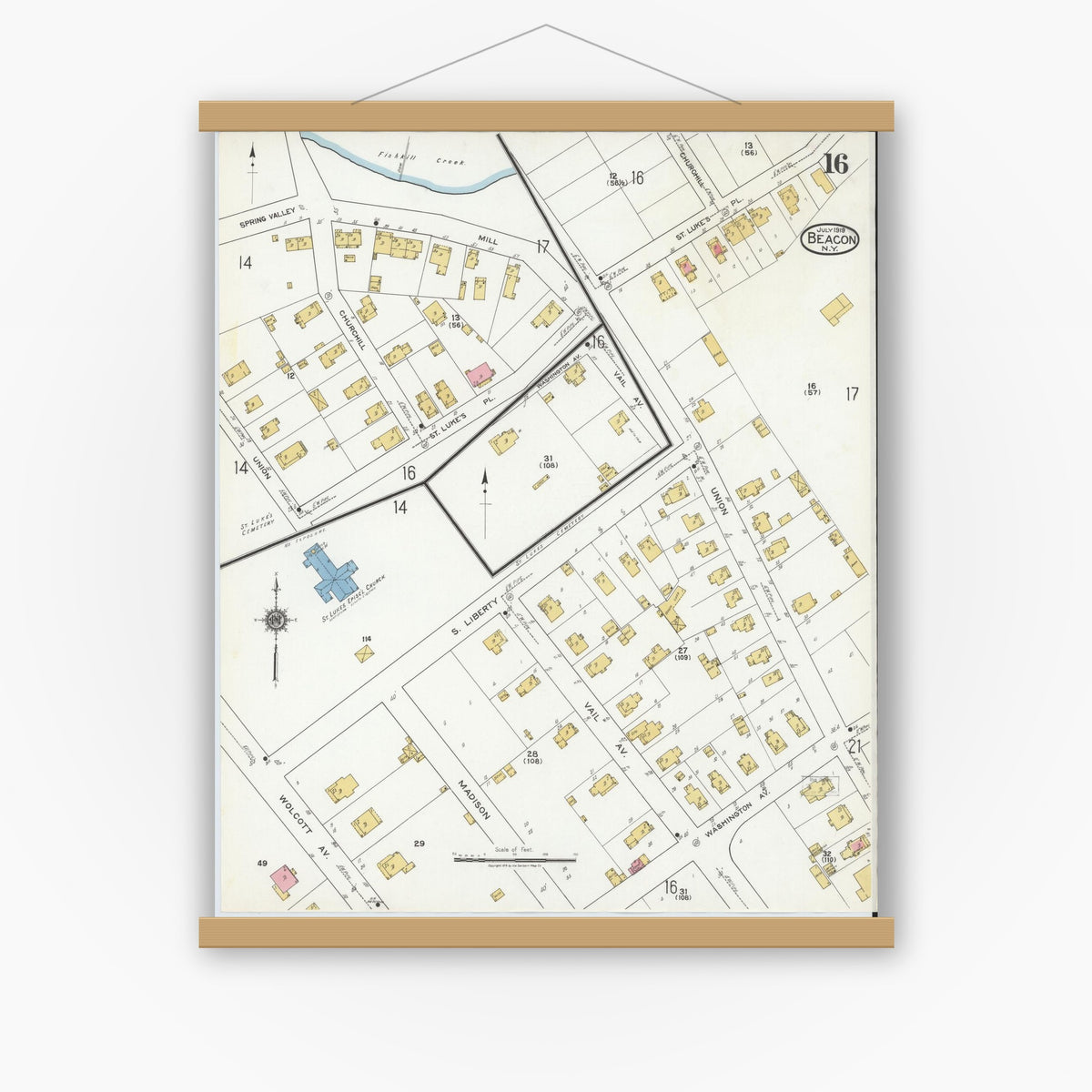 Old map wall art mockup — magnetic wood frame on white wall — Sanborn Fire Insurance Map from Beacon, Dutchess County, New York (1919), Sheet #0016