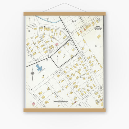 Old map wall art mockup — magnetic wood frame on white wall — Sanborn Fire Insurance Map from Beacon, Dutchess County, New York (1919), Sheet #0016