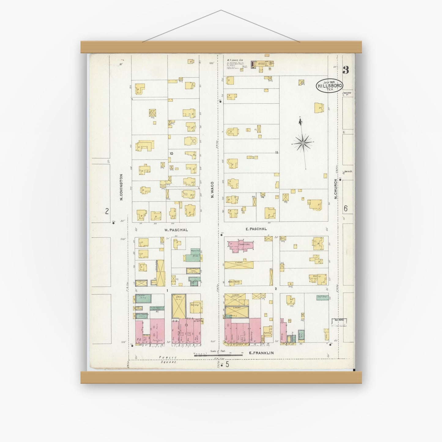 Old map wall art mockup — magnetic wood frame on white wall — Sanborn Fire Insurance Map from Hillsboro, Hill County, Texas (1905), Sheet #0003