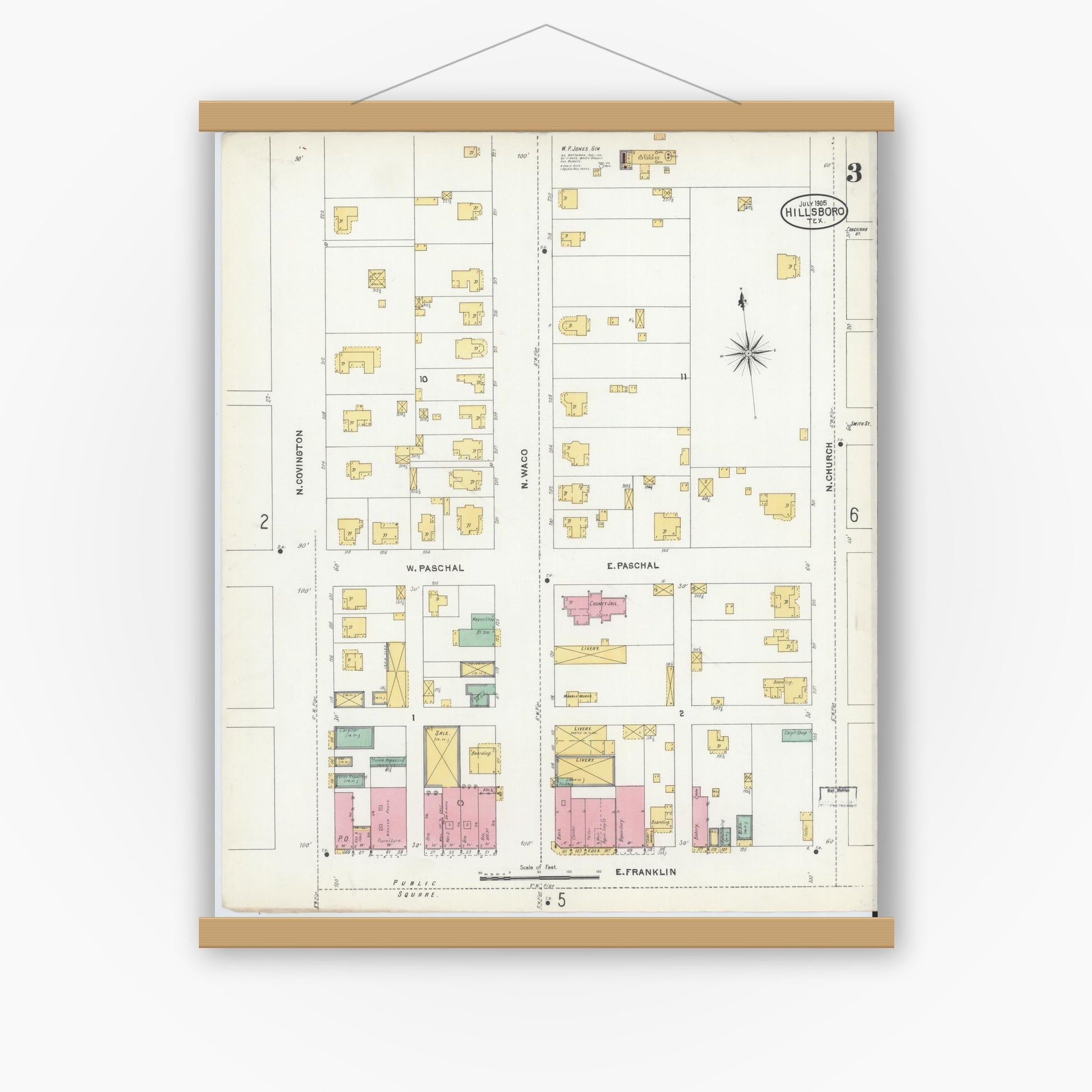 Old map wall art mockup — magnetic wood frame on white wall — Sanborn Fire Insurance Map from Hillsboro, Hill County, Texas (1905), Sheet #0003