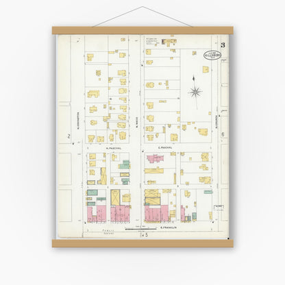 Old map wall art mockup — magnetic wood frame on white wall — Sanborn Fire Insurance Map from Hillsboro, Hill County, Texas (1905), Sheet #0003
