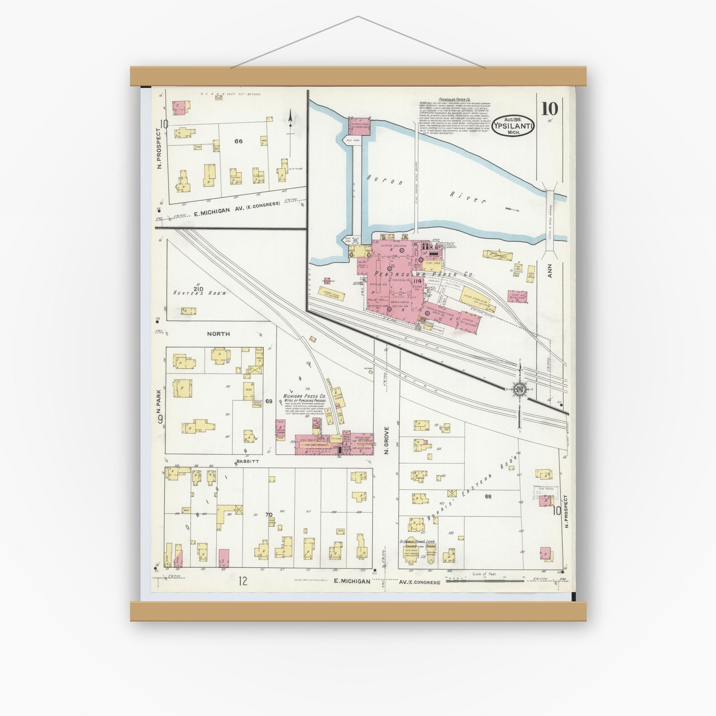 Old map wall art mockup — magnetic wood frame on white wall — Sanborn Fire Insurance Map from Ypsilanti, Washtenaw County, Michigan (1916), Sheet #0010