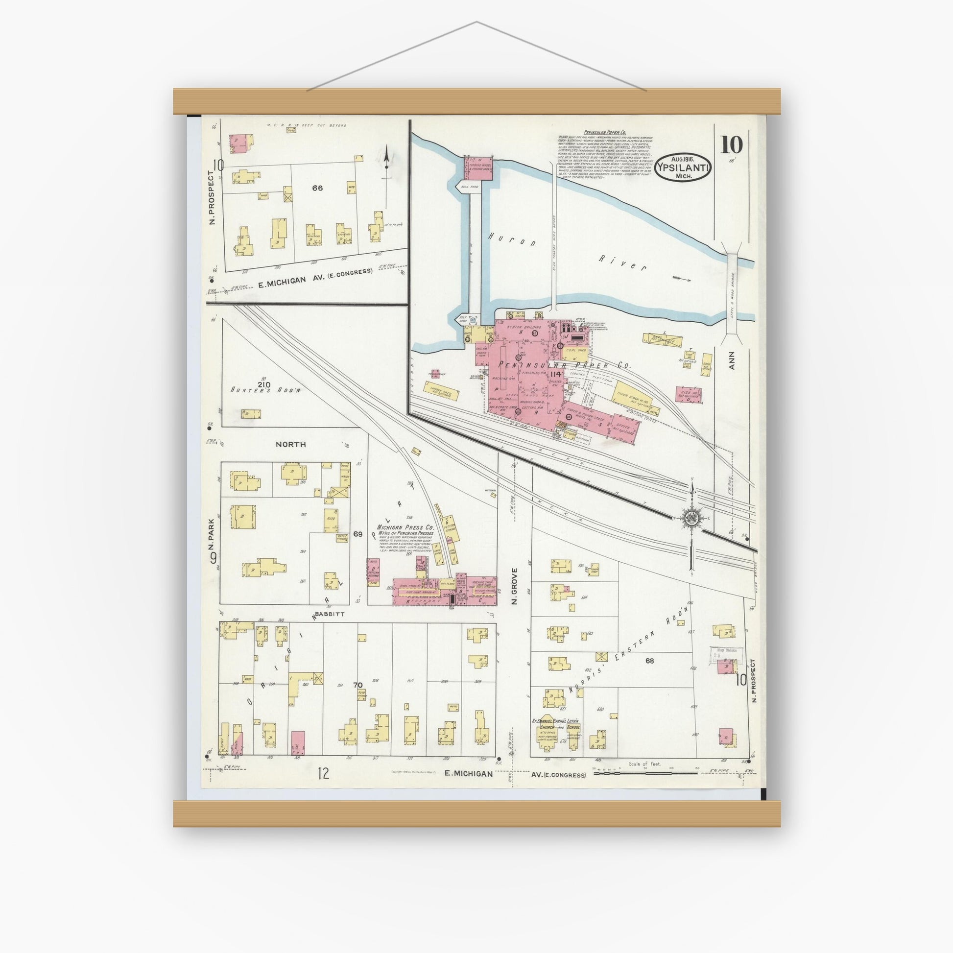 Old map wall art mockup — magnetic wood frame on white wall — Sanborn Fire Insurance Map from Ypsilanti, Washtenaw County, Michigan (1916), Sheet #0010