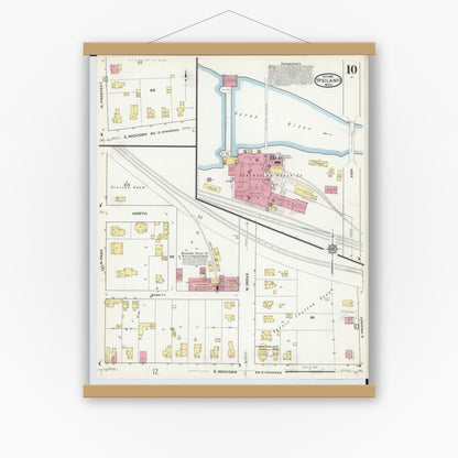 Old map wall art mockup — magnetic wood frame on white wall — Sanborn Fire Insurance Map from Ypsilanti, Washtenaw County, Michigan (1916), Sheet #0010