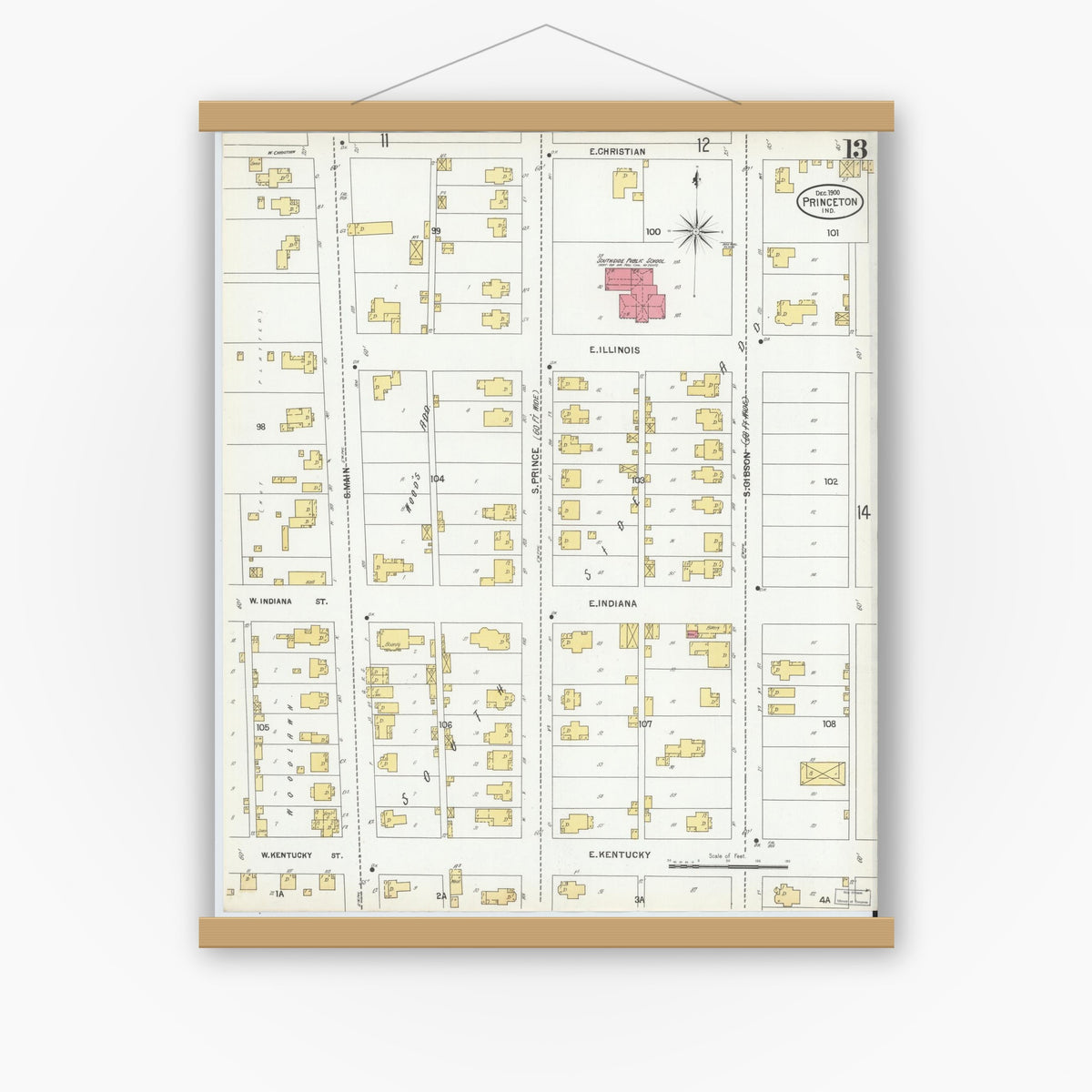 Old map wall art mockup — magnetic wood frame on white wall — Sanborn Fire Insurance Map from Princeton, Gibson County, Indiana (1900), Sheet #0013