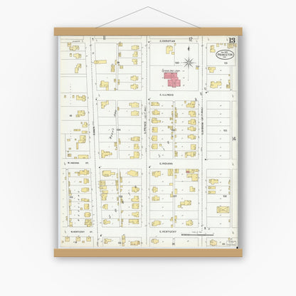 Old map wall art mockup — magnetic wood frame on white wall — Sanborn Fire Insurance Map from Princeton, Gibson County, Indiana (1900), Sheet #0013
