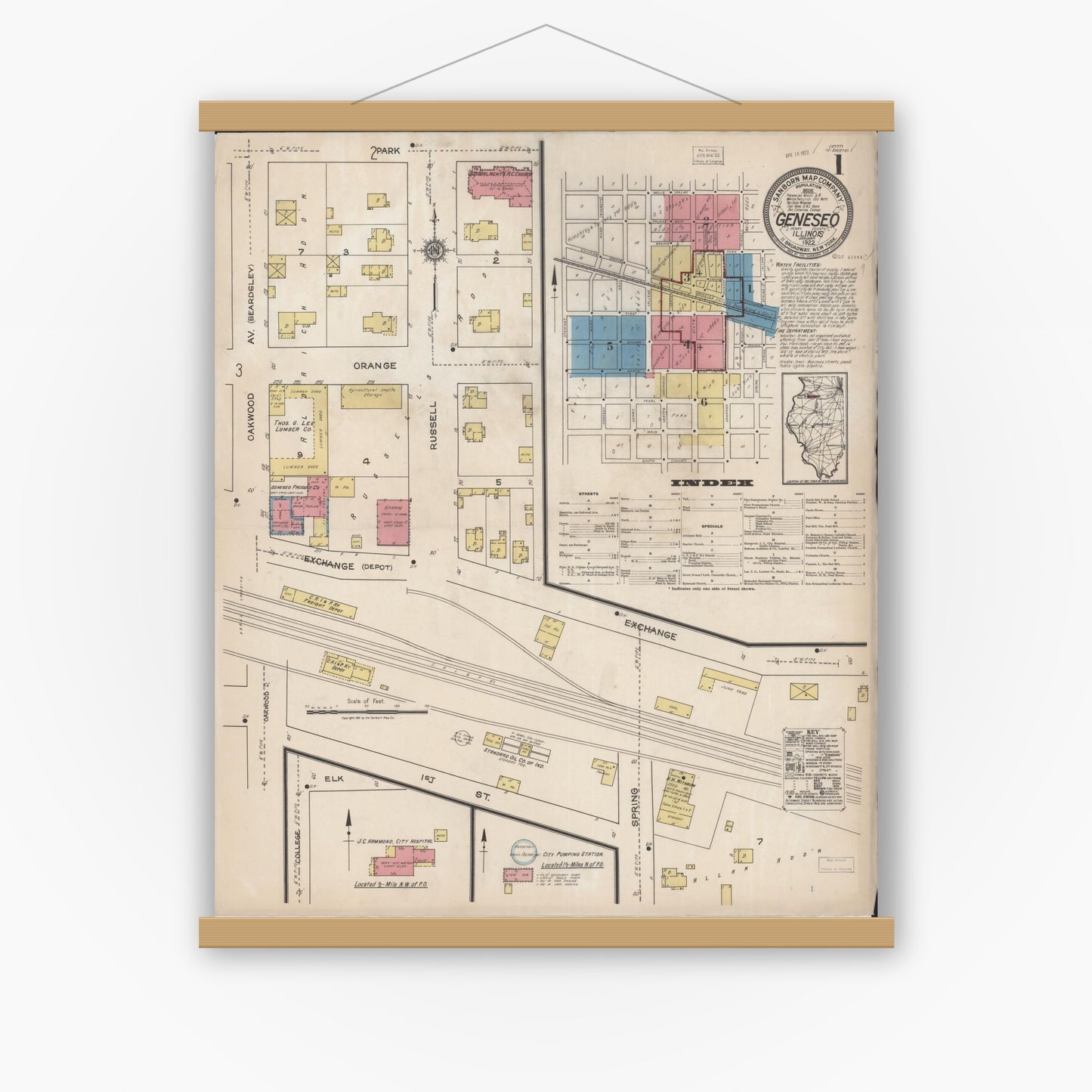 Old map wall art mockup — magnetic wood frame on white wall — Sanborn Fire Insurance Map from Geneseo, Henry County, Illinois (1922), Sheet #0001