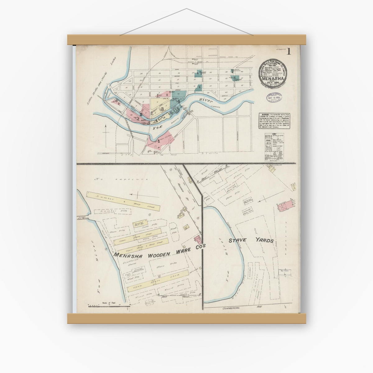 Old map wall art mockup — magnetic wood frame on white wall — Sanborn Fire Insurance Map from Menasha, Winnebago County, Wisconsin (1884) - Complete Map Set
