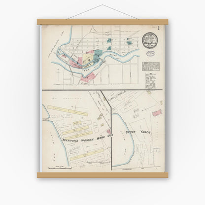 Old map wall art mockup — magnetic wood frame on white wall — Sanborn Fire Insurance Map from Menasha, Winnebago County, Wisconsin (1884) - Complete Map Set