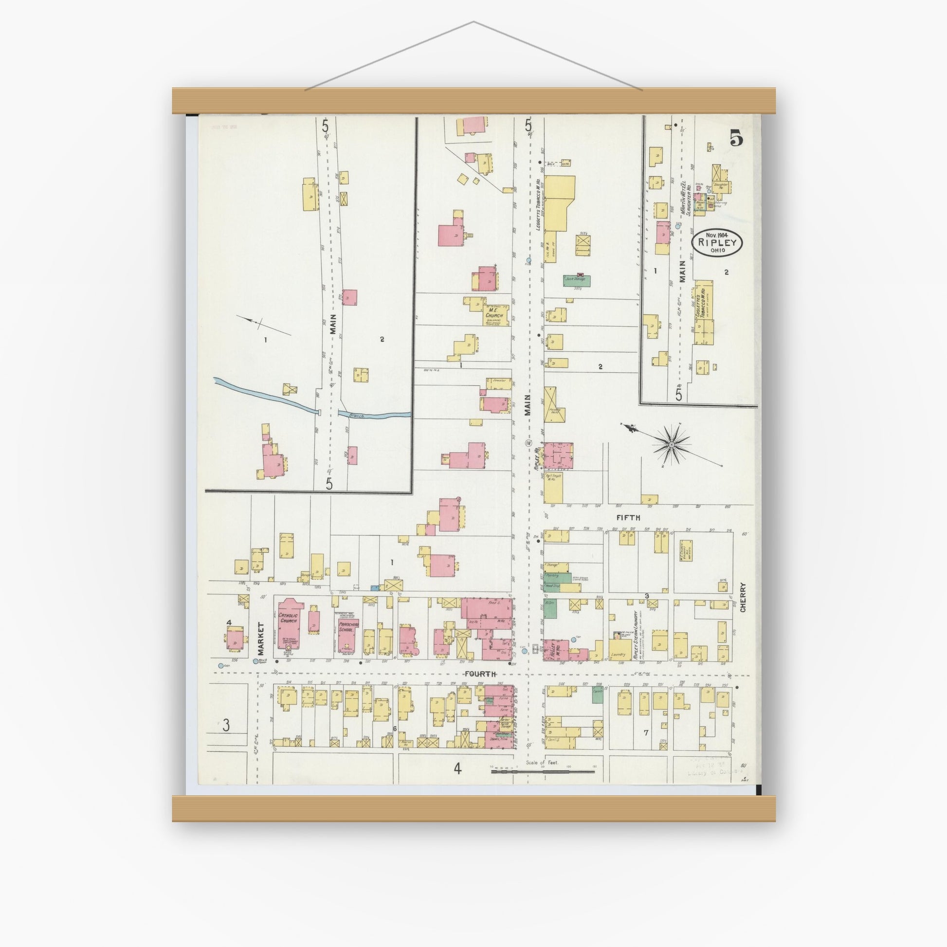 Old map wall art mockup — magnetic wood frame on white wall — Sanborn Fire Insurance Map from Ripley, Brown County, Ohio (1904), Sheet #0005