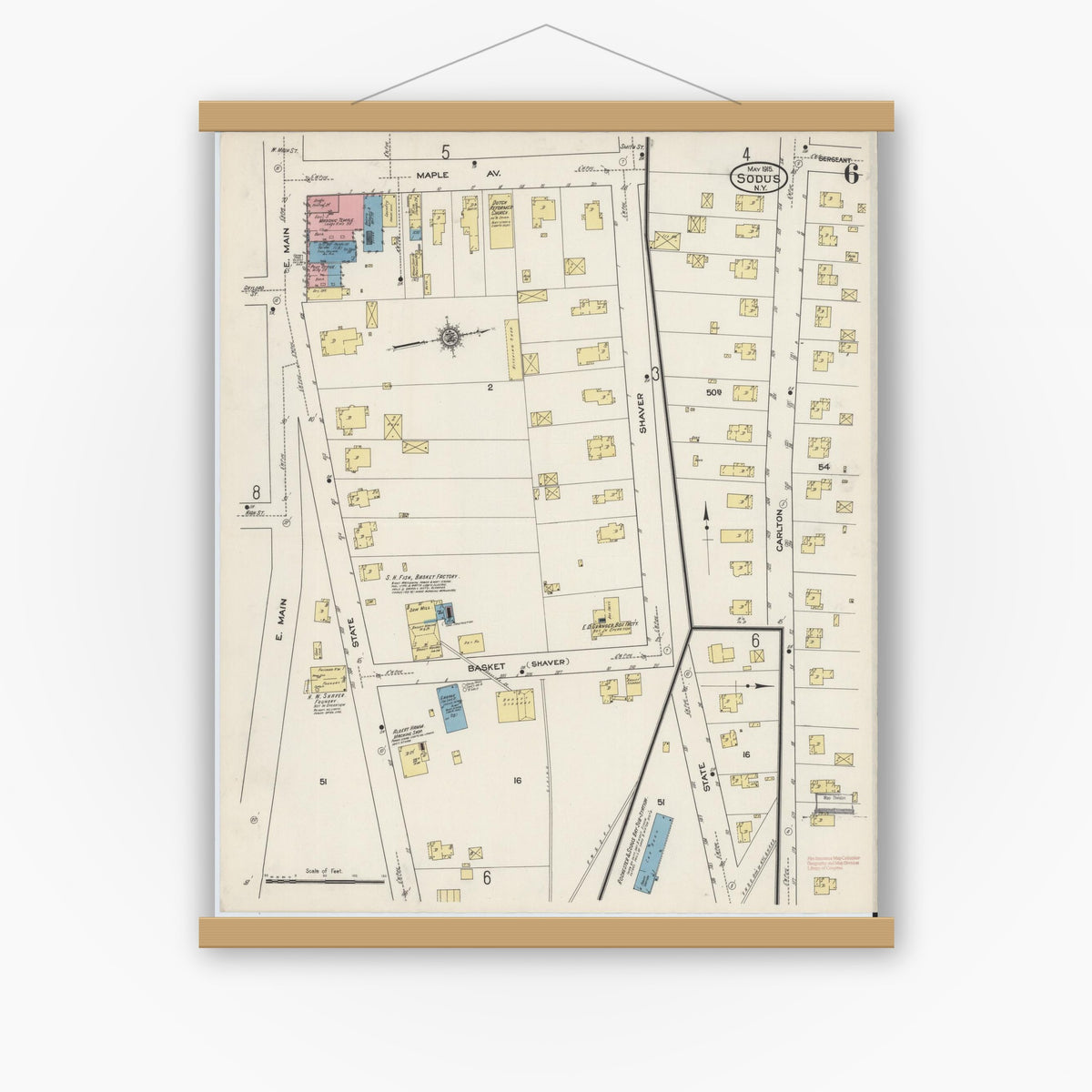 Old map wall art mockup — magnetic wood frame on white wall — Sanborn Fire Insurance Map from Sodus, Wayne County, New York (1915), Sheet #0006