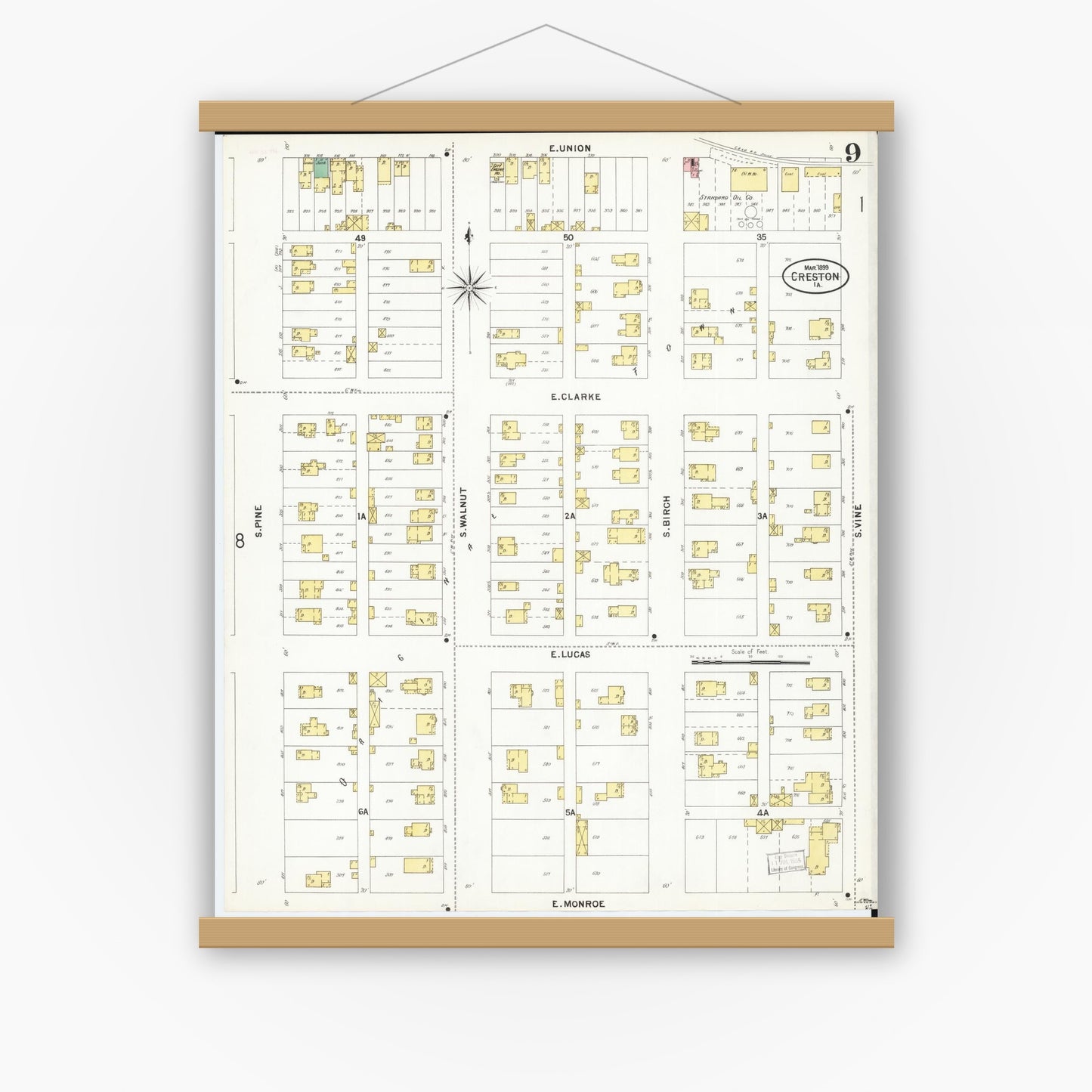 Old map wall art mockup — magnetic wood frame on white wall — Sanborn Fire Insurance Map from Creston, Union County, Iowa (1899), Sheet #0009