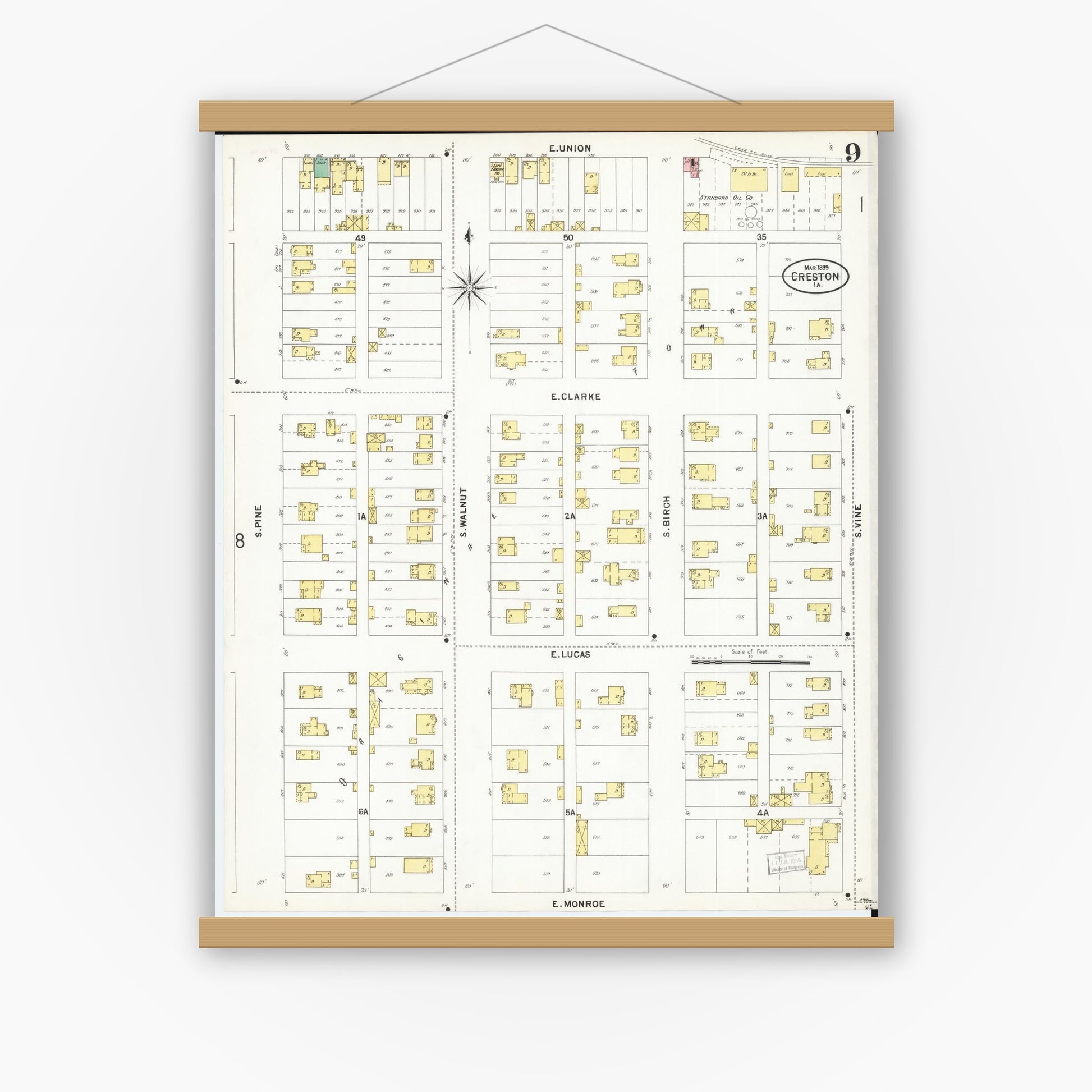Old map wall art mockup — magnetic wood frame on white wall — Sanborn Fire Insurance Map from Creston, Union County, Iowa (1899), Sheet #0009