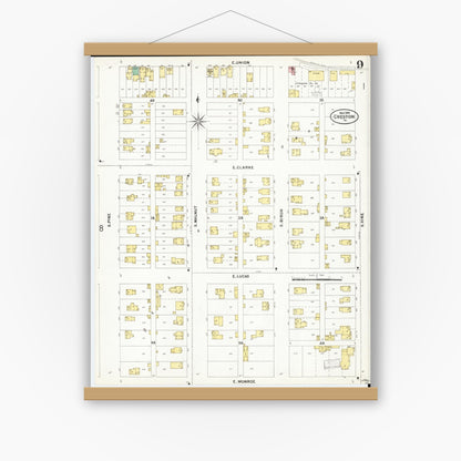 Old map wall art mockup — magnetic wood frame on white wall — Sanborn Fire Insurance Map from Creston, Union County, Iowa (1899), Sheet #0009