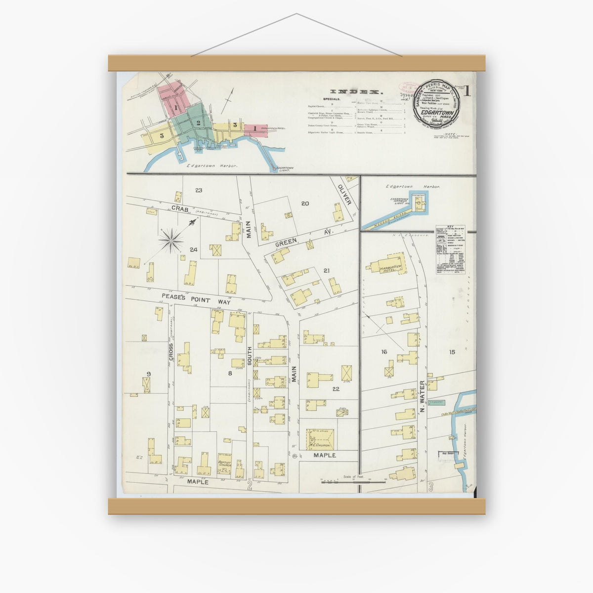 Old map wall art mockup — magnetic wood frame on white wall — Sanborn Fire Insurance Map from Edgartown, Dukes County, Massachusetts (1892) - Complete Map Set