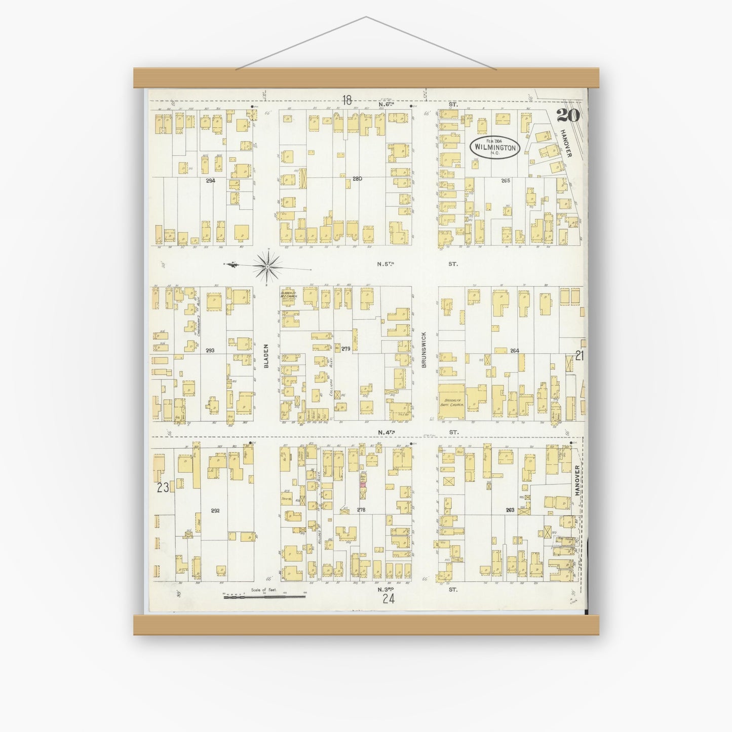 Old map wall art mockup — magnetic wood frame on white wall — Sanborn Fire Insurance Map from Wilmington, New Hanover County, North Carolina (1904), Sheet #0020