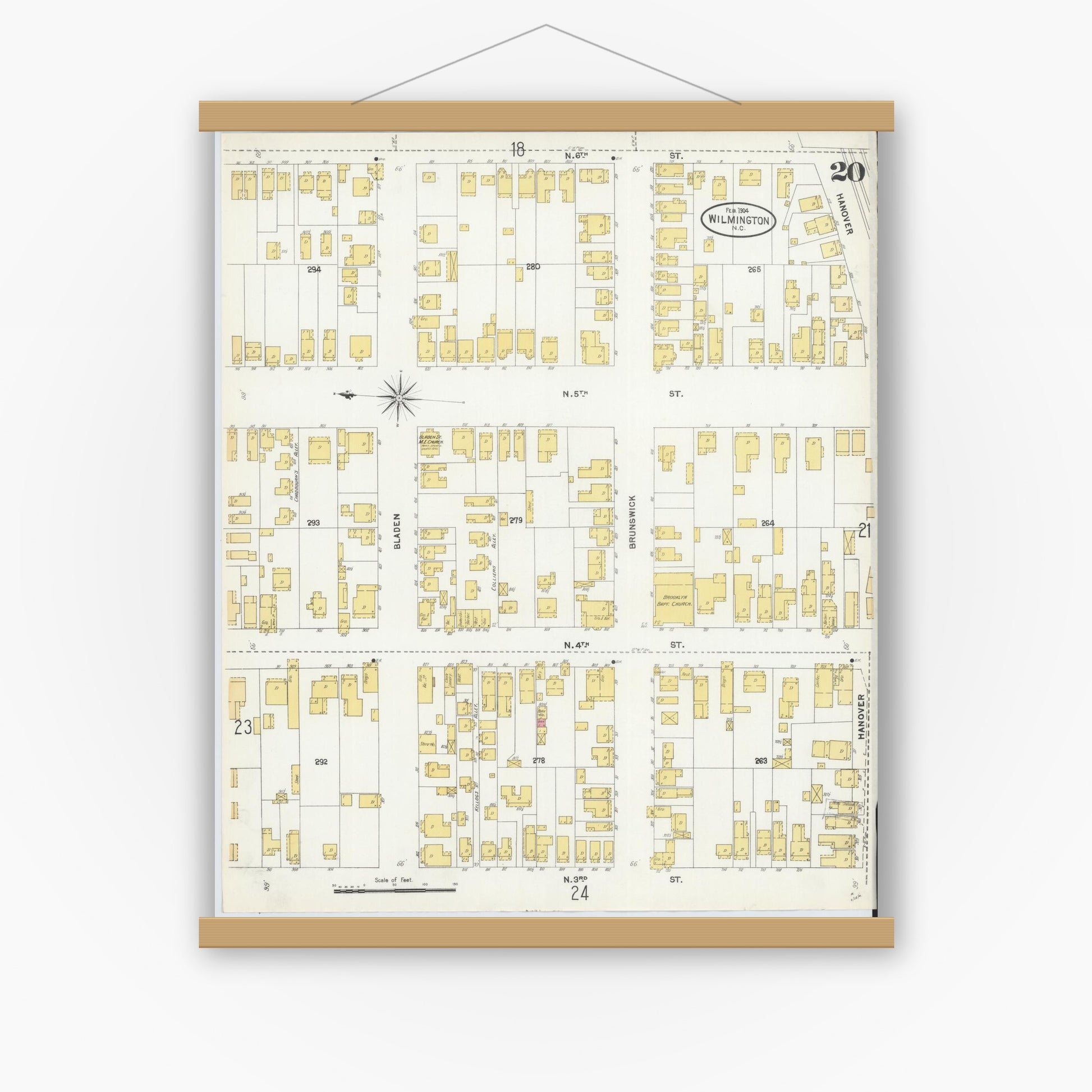 Old map wall art mockup — magnetic wood frame on white wall — Sanborn Fire Insurance Map from Wilmington, New Hanover County, North Carolina (1904), Sheet #0020