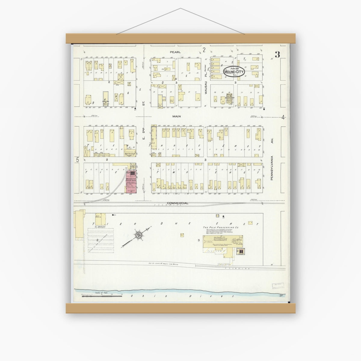 Old map wall art mockup — magnetic wood frame on white wall — Sanborn Fire Insurance Map from Mound City, Pulaski County, Illinois (1914), Sheet #0003