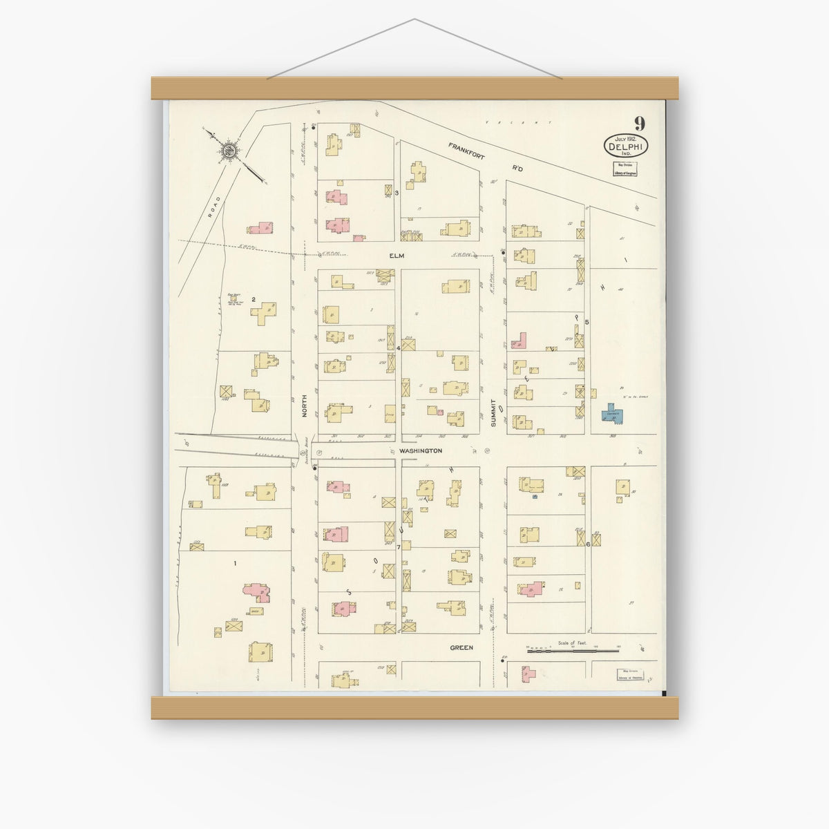 Old map wall art mockup — magnetic wood frame on white wall — Sanborn Fire Insurance Map from Delphi, Carroll County, Indiana (1912), Sheet #0009