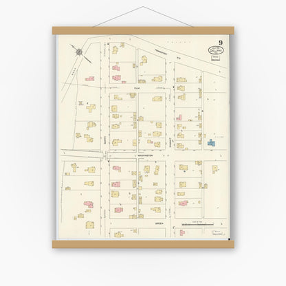 Old map wall art mockup — magnetic wood frame on white wall — Sanborn Fire Insurance Map from Delphi, Carroll County, Indiana (1912), Sheet #0009