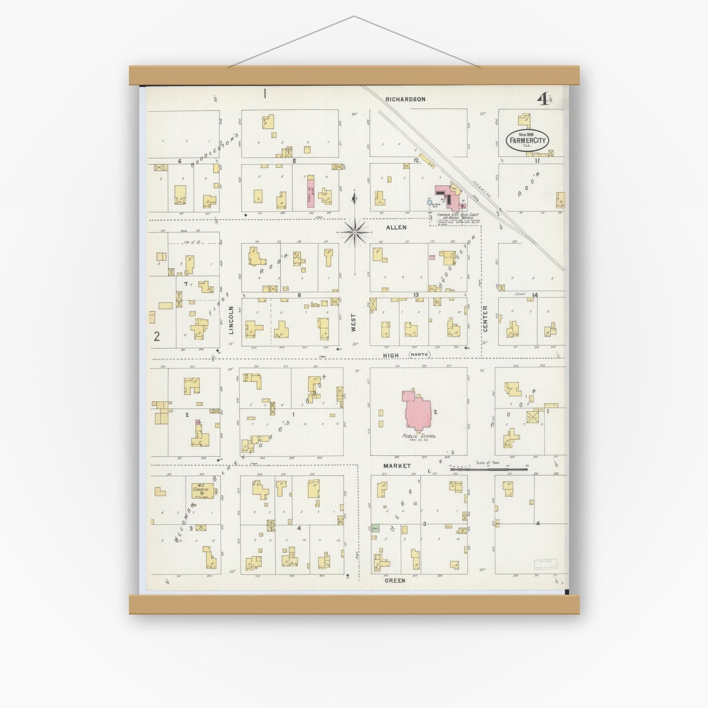 Old map wall art mockup — magnetic wood frame on white wall — Sanborn Fire Insurance Map from Farmer City, De Witt County, Illinois (1898), Sheet #0004