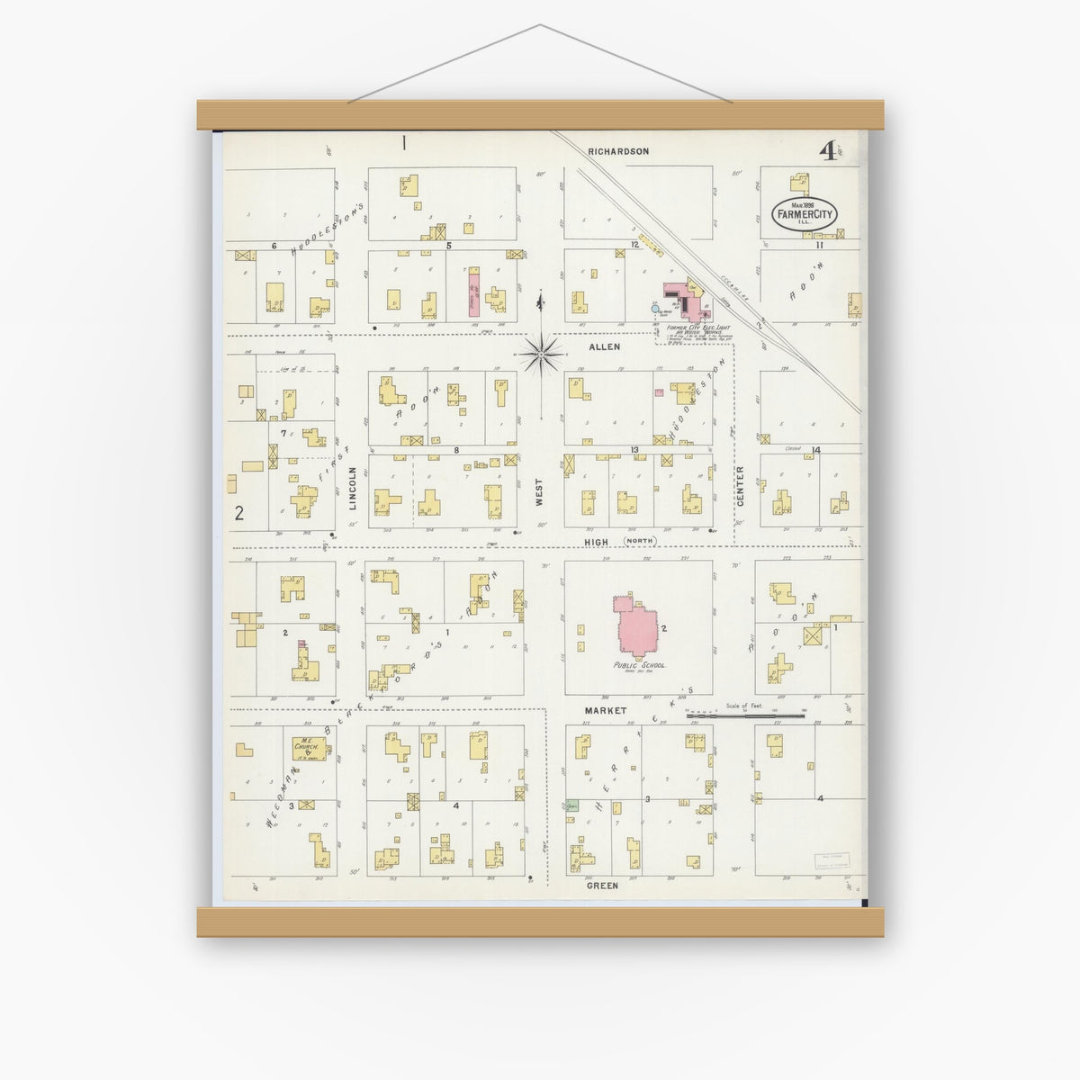 Old map wall art mockup — magnetic wood frame on white wall — Sanborn Fire Insurance Map from Farmer City, De Witt County, Illinois (1898), Sheet #0004