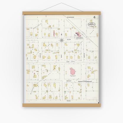 Old map wall art mockup — magnetic wood frame on white wall — Sanborn Fire Insurance Map from Farmer City, De Witt County, Illinois (1898), Sheet #0004