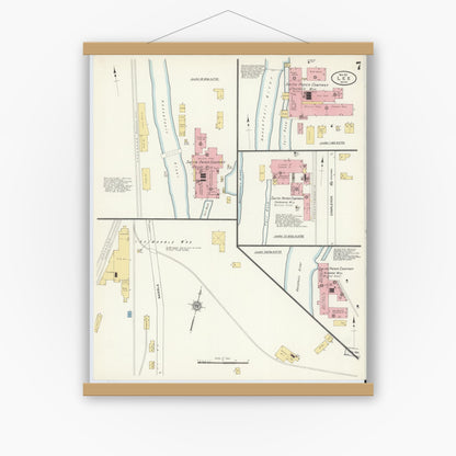 Old map wall art mockup — magnetic wood frame on white wall — Sanborn Fire Insurance Map from Lee, Berkshire County, Massachusetts (1911), Sheet #0007