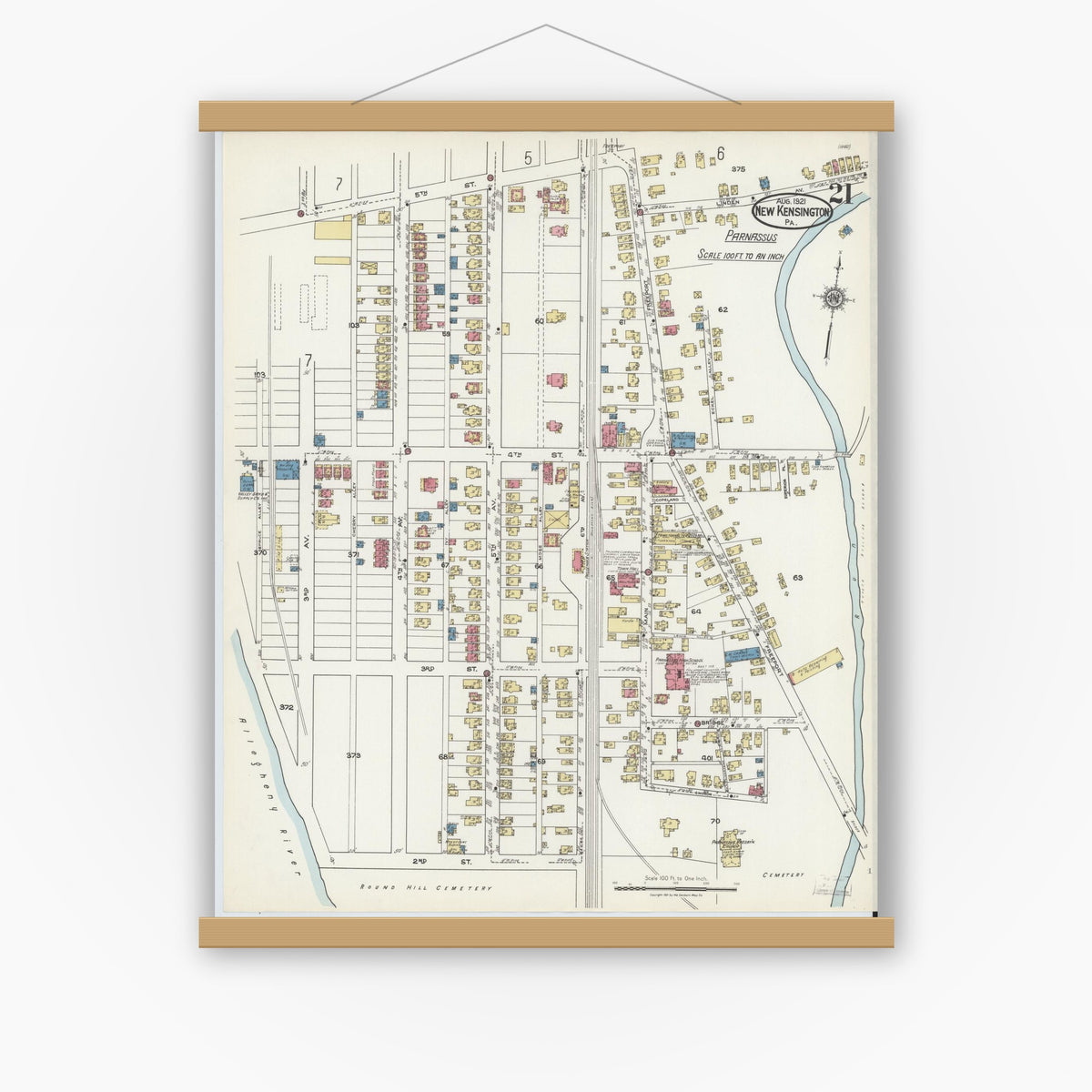 Old map wall art mockup — magnetic wood frame on white wall — Sanborn Fire Insurance Map from New Kensington, Westmoreland County, Pennsylvania (1921), Sheet #0021