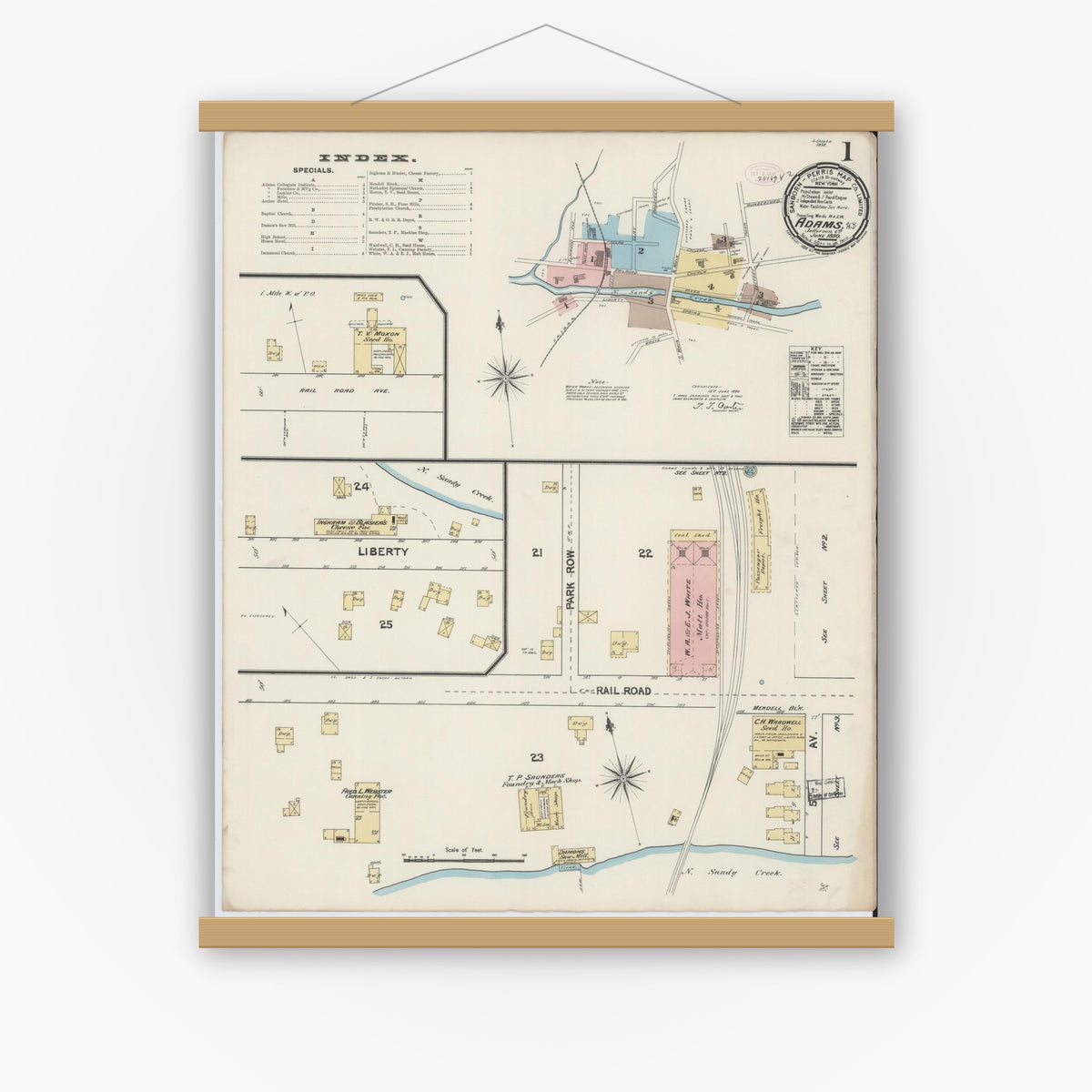 Old map wall art mockup — magnetic wood frame on white wall — Sanborn Fire Insurance Map from Adams, Jefferson County, New York (1890) - Complete Map Set