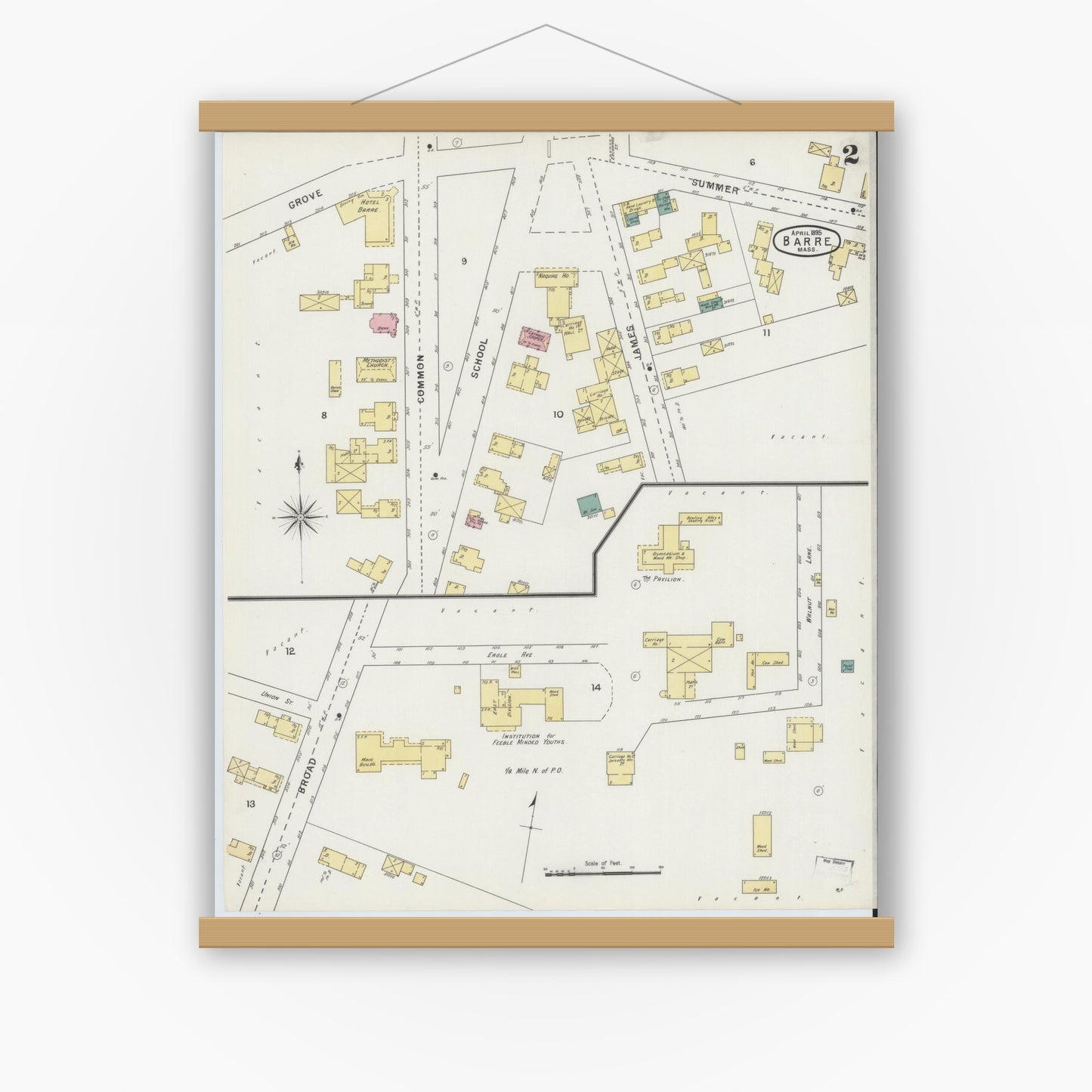 Old map wall art mockup — magnetic wood frame on white wall — Sanborn Fire Insurance Map from Barre, Worcester County, Massachusetts (1895), Sheet #0002