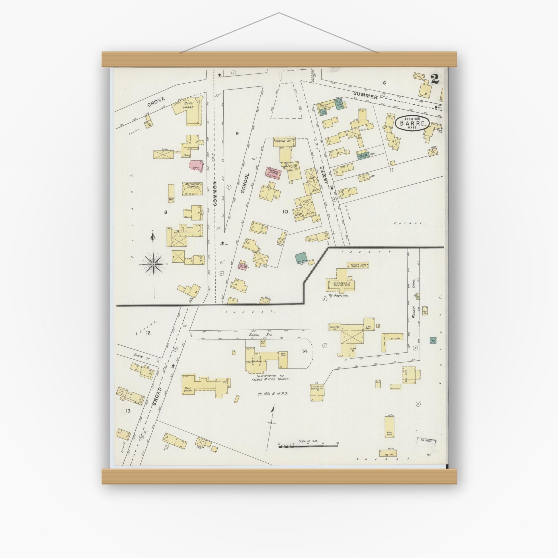 Old map wall art mockup — magnetic wood frame on white wall — Sanborn Fire Insurance Map from Barre, Worcester County, Massachusetts (1895), Sheet #0002