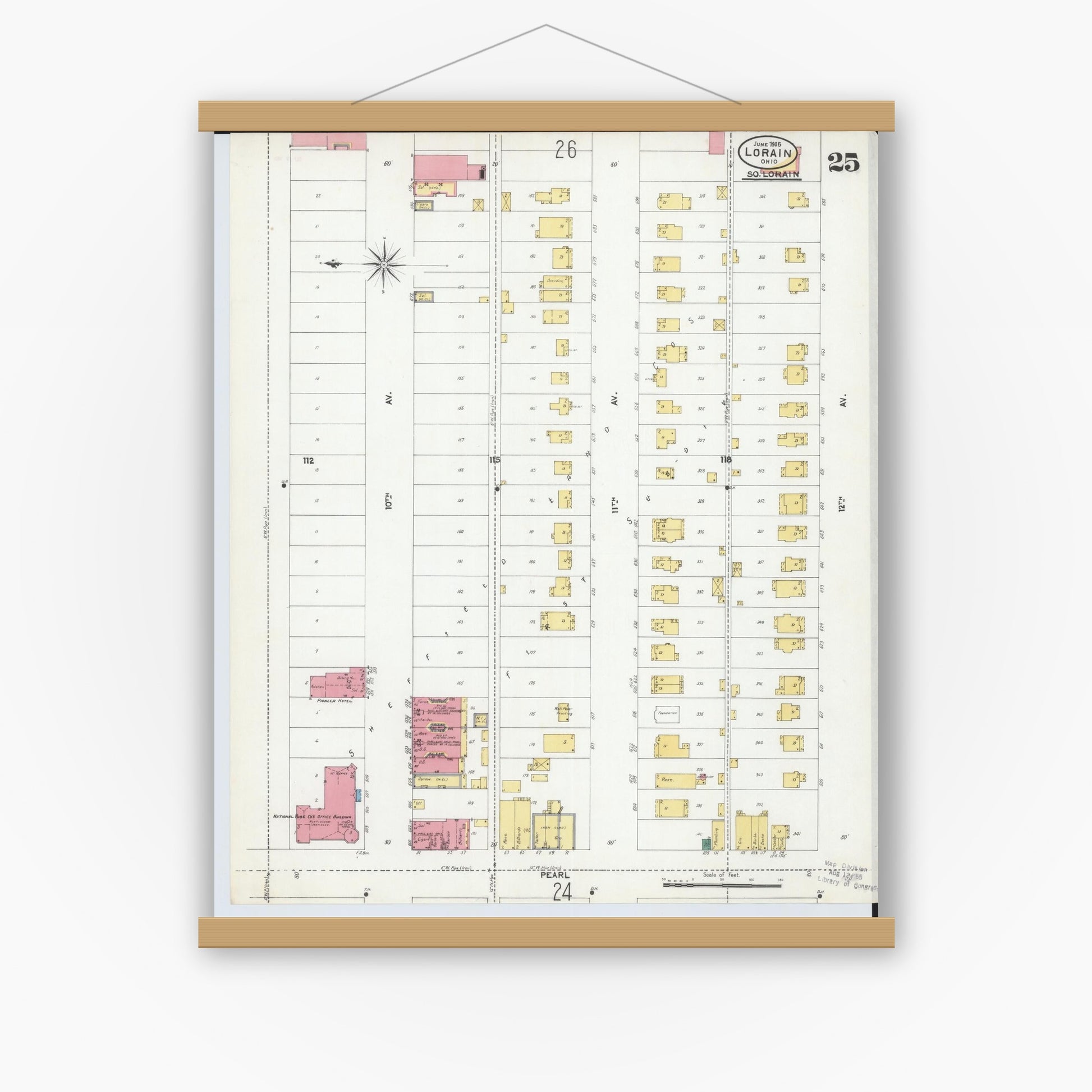 Old map wall art mockup — magnetic wood frame on white wall — Sanborn Fire Insurance Map from Lorain, Lorain County, Ohio (1905), Sheet #0025