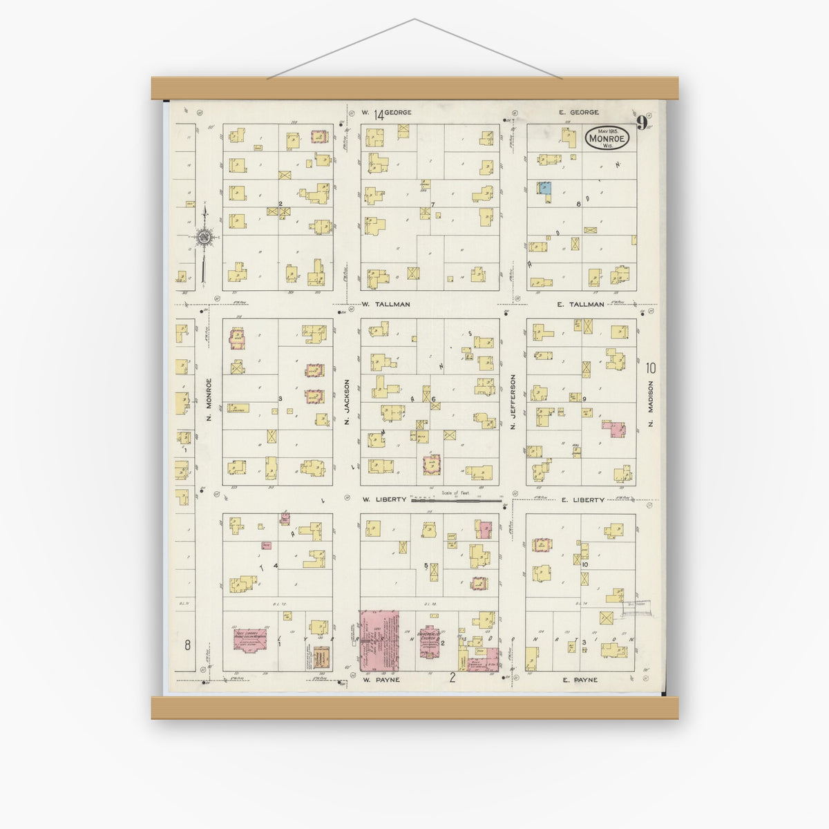 Old map wall art mockup — magnetic wood frame on white wall — Sanborn Fire Insurance Map from Monroe, Green County, Wisconsin (1915), Sheet #0009