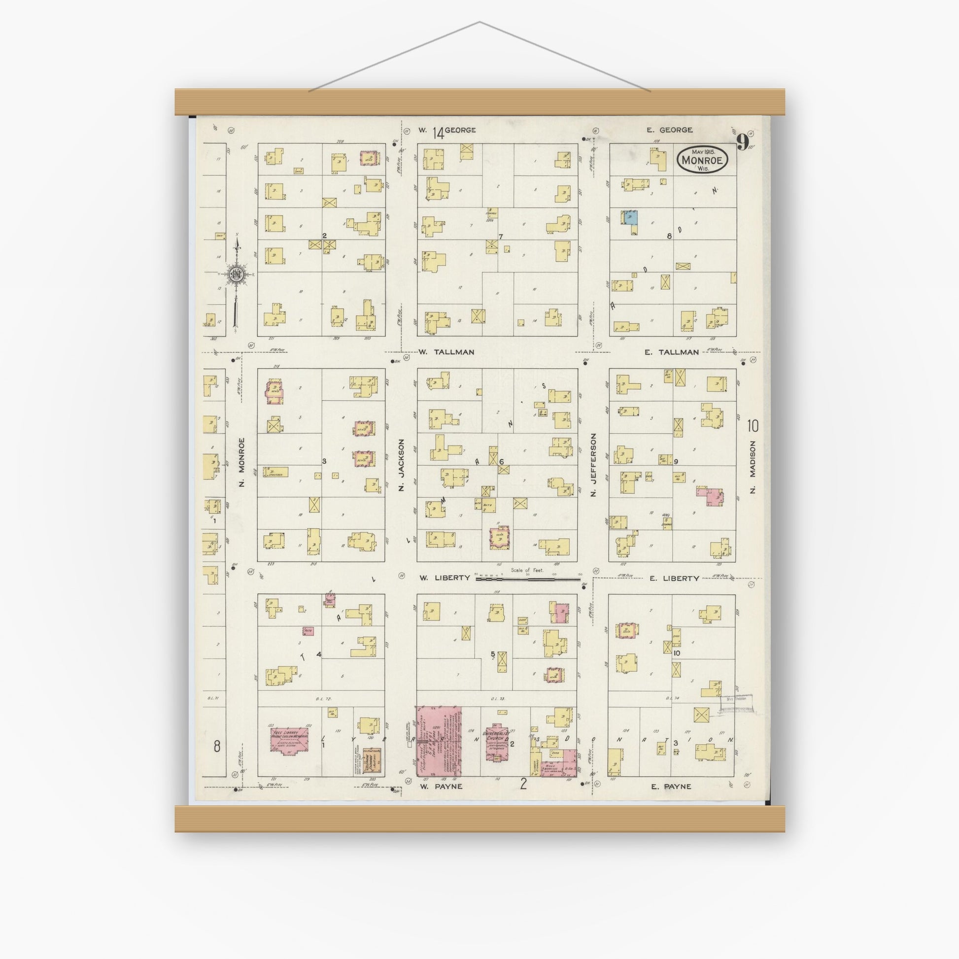 Old map wall art mockup — magnetic wood frame on white wall — Sanborn Fire Insurance Map from Monroe, Green County, Wisconsin (1915), Sheet #0009
