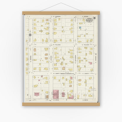 Old map wall art mockup — magnetic wood frame on white wall — Sanborn Fire Insurance Map from Monroe, Green County, Wisconsin (1915), Sheet #0009
