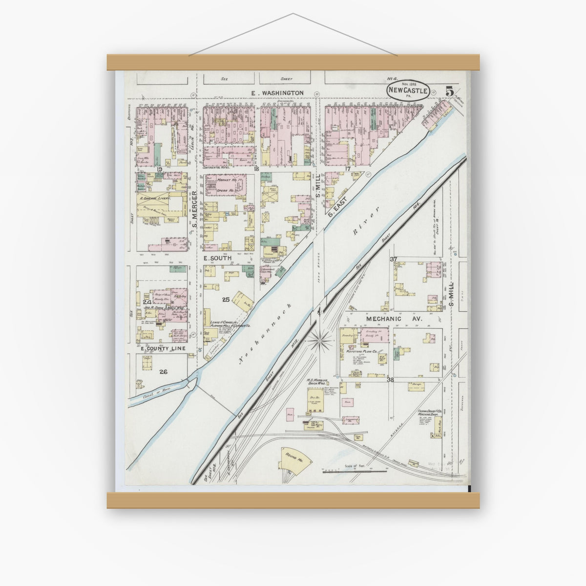 Old map wall art mockup — magnetic wood frame on white wall — Sanborn Fire Insurance Map from New Castle, Lawrence County, Pennsylvania (1888), Sheet #0005
